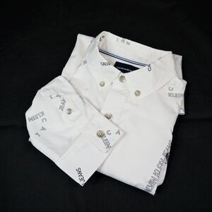 Calvin Klein Jeans All Over Print Dress Shirt Boys Button Up White Sz M Flaw